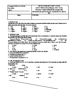 Đề thi khảo sát chất lượng môn Tiếng Anh Lớp 6 - Năm học 2015-2016 - Trường THCS Gia Phong (Có đáp án)